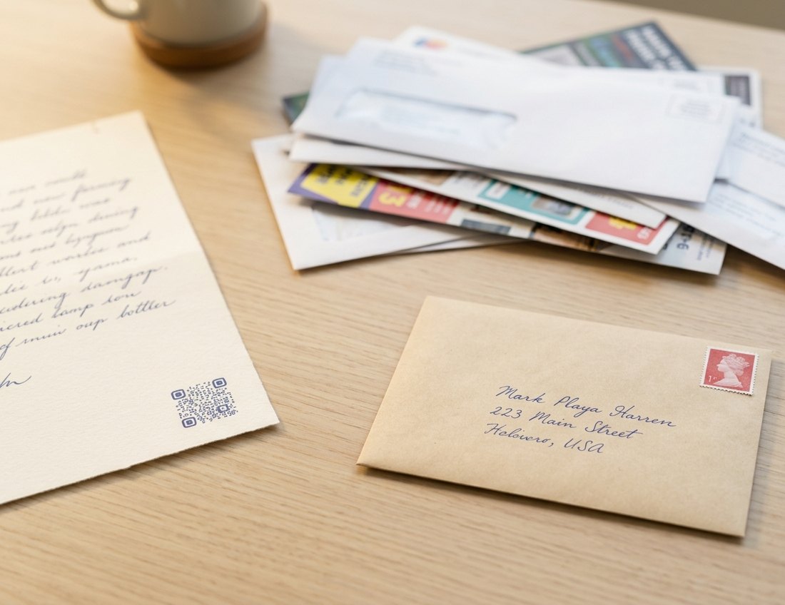 Enveloppe kraft à l'adresse manuscrite posée à côté de la pile de courrier publicitaire du matin