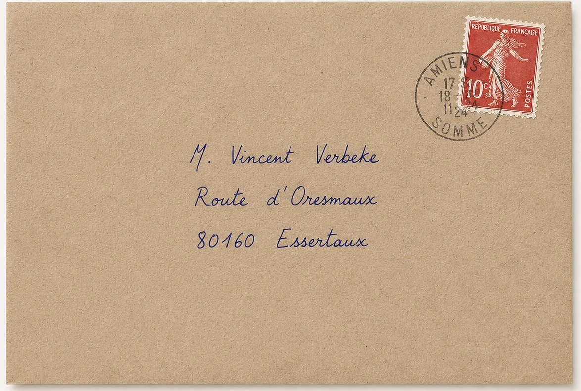 Enveloppe kraft nominative, adresse manuscrite, timbre rouge oblitéré