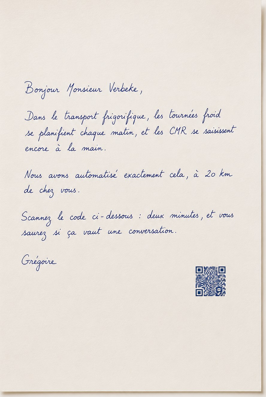 Lettre de prospection écrite à l'encre bleue, personnalisée, QR code de suivi
