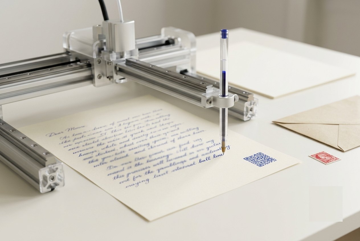 Machine d'écriture de précision traçant une lettre à l'encre bleue sur papier crème, enveloppe kraft et timbre rouge